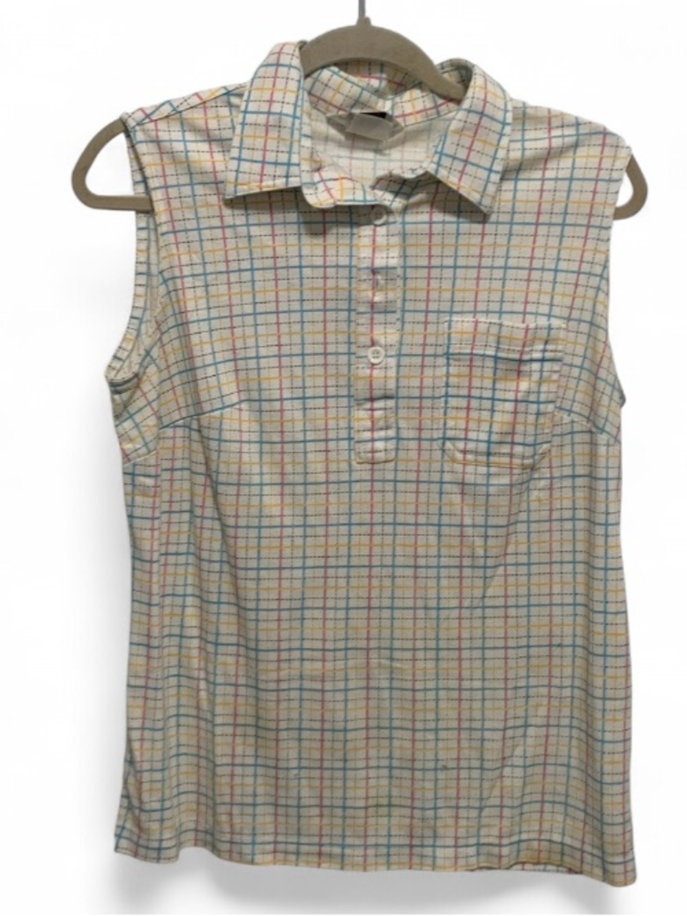 Vintage Sears Multicolor Plaid Button Neck Sleeveless Top